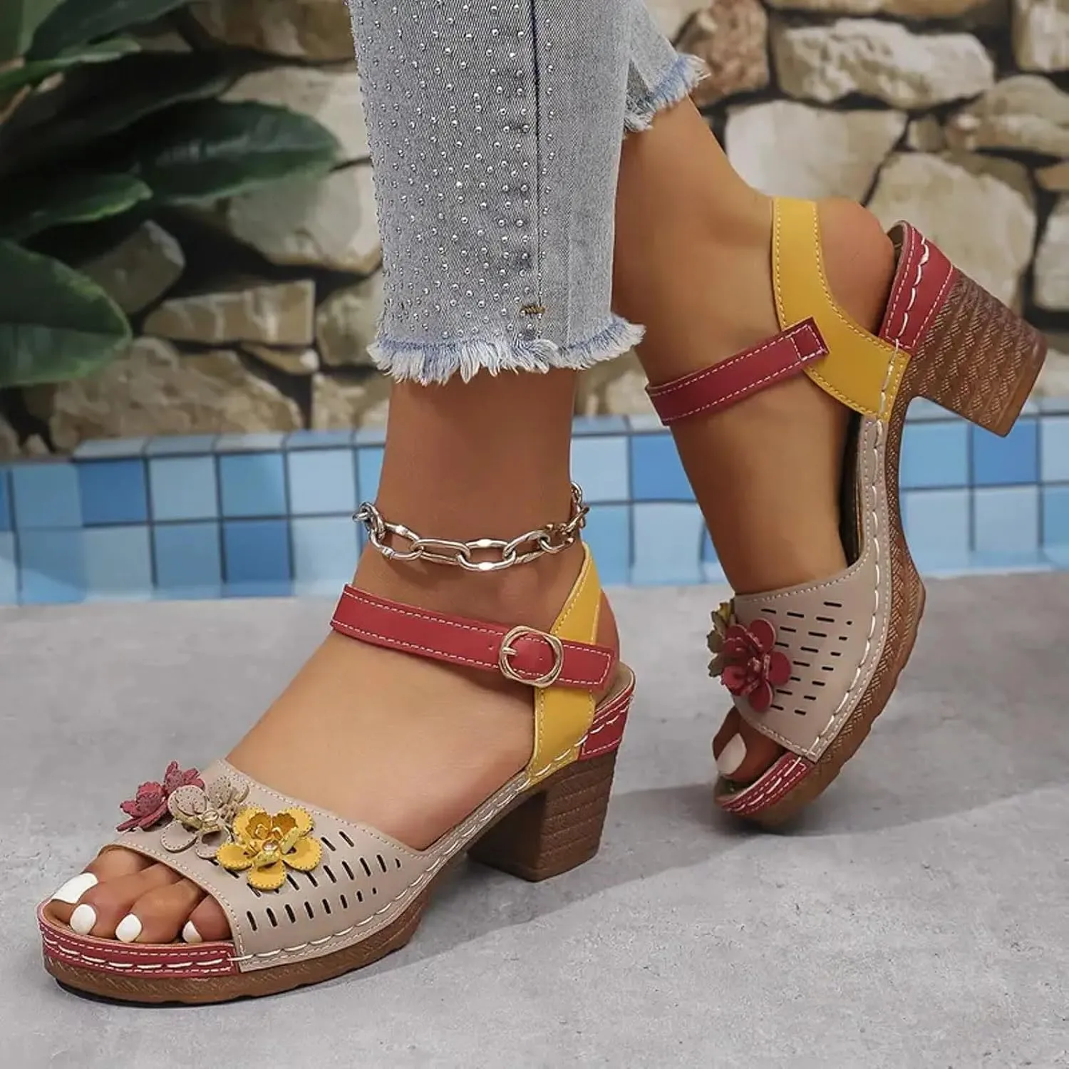 Women Open Toe Low Chunky Heels Sandals Casual Ankle Strap Block Heel Sandals Fish Mouth Party Dress Shoes