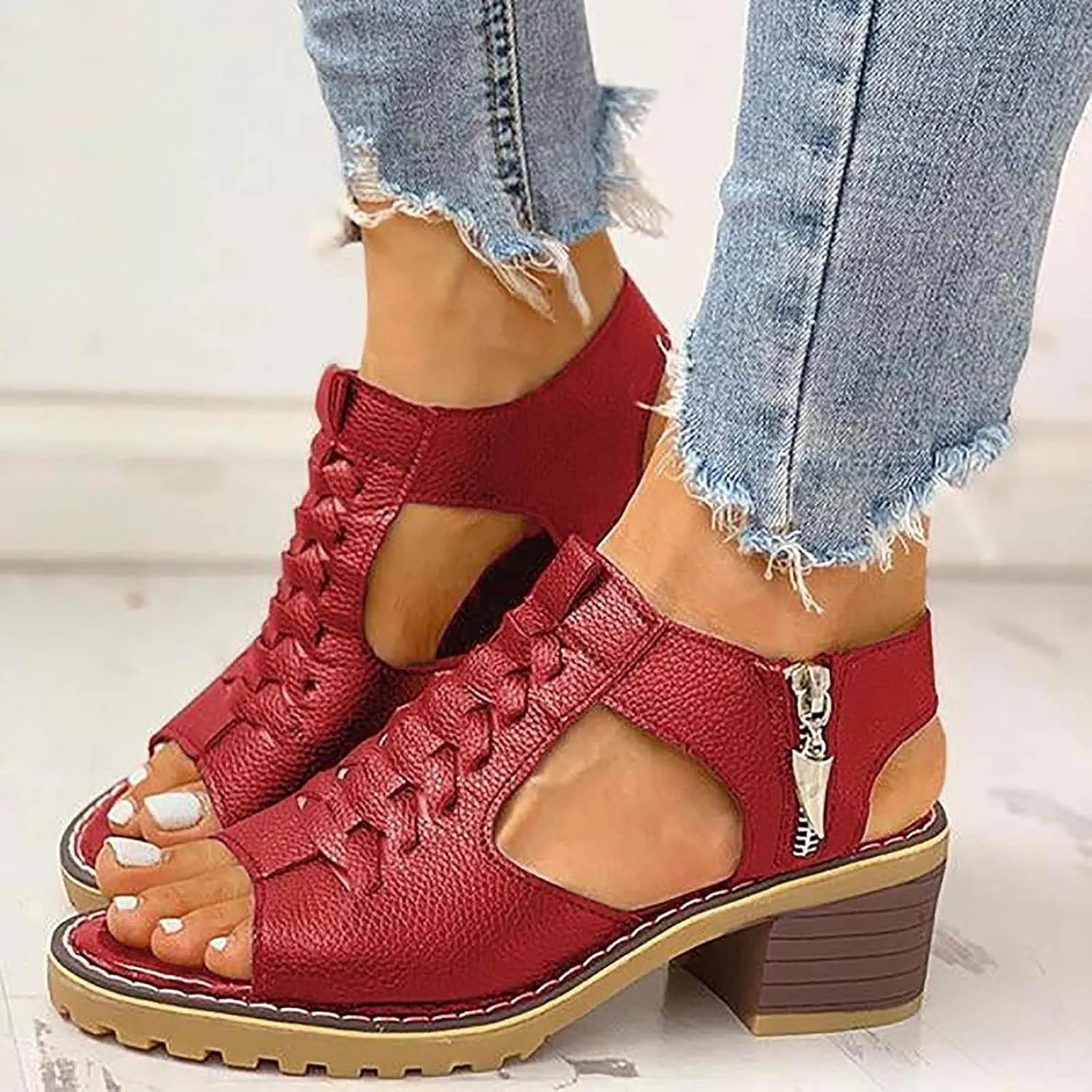 Women Platform Open Toe Ankle Strap Zipper Back High Heel Sandals Chunky Heel Sandal T Strap Sandals for Women