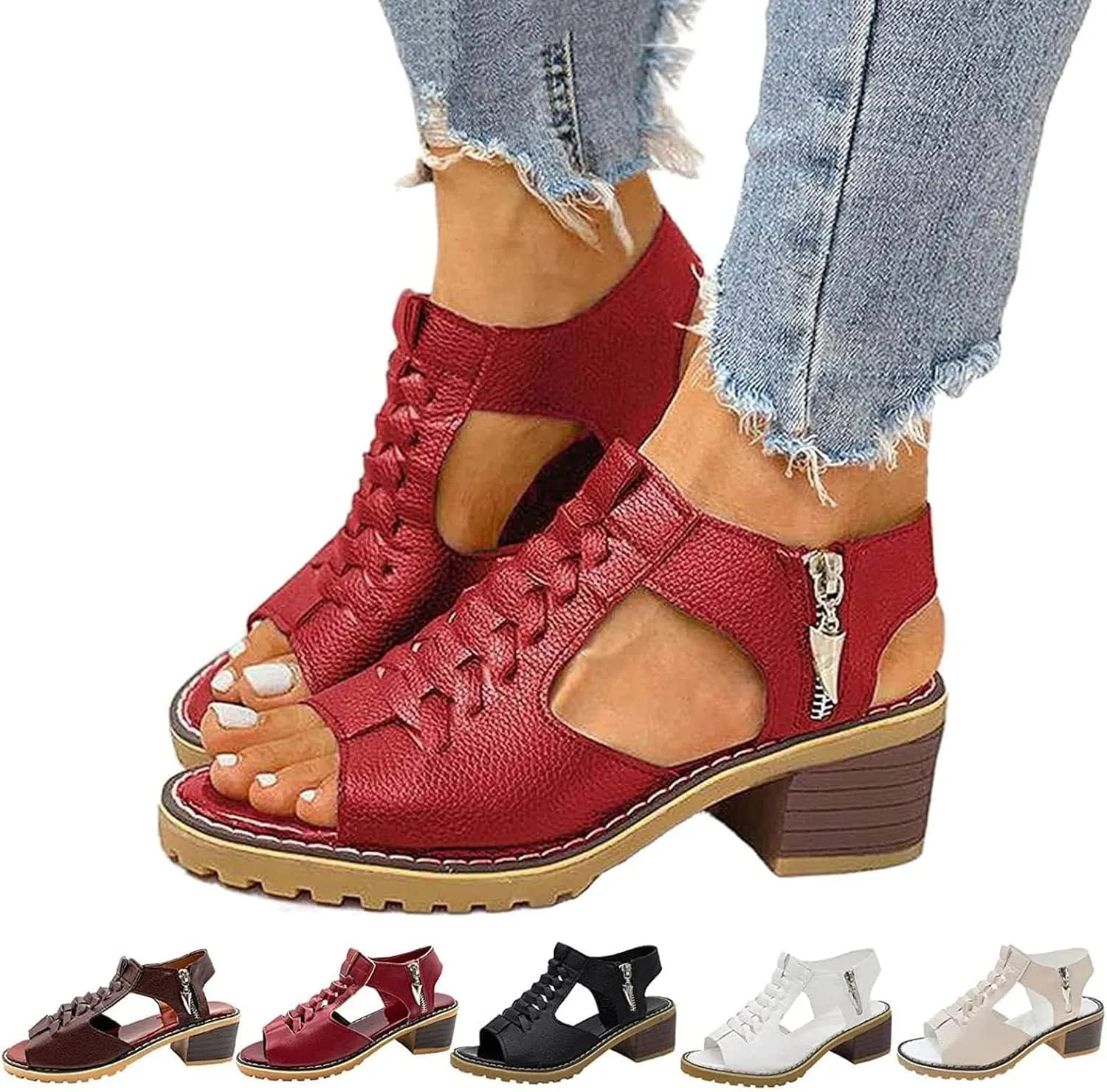 Women Platform Open Toe Ankle Strap Zipper Back High Heel Sandals Chunky Heel Sandal T Strap Sandals for Women
