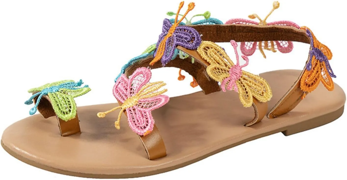 Women Sandals Summer Dressy Open Toe Slingback Slides Flip-Flops Wide Width Lightweight Flat Sandals Bohemian Butterfly Cute Bride Bridesmaid Beach Vacation Summer Shoes