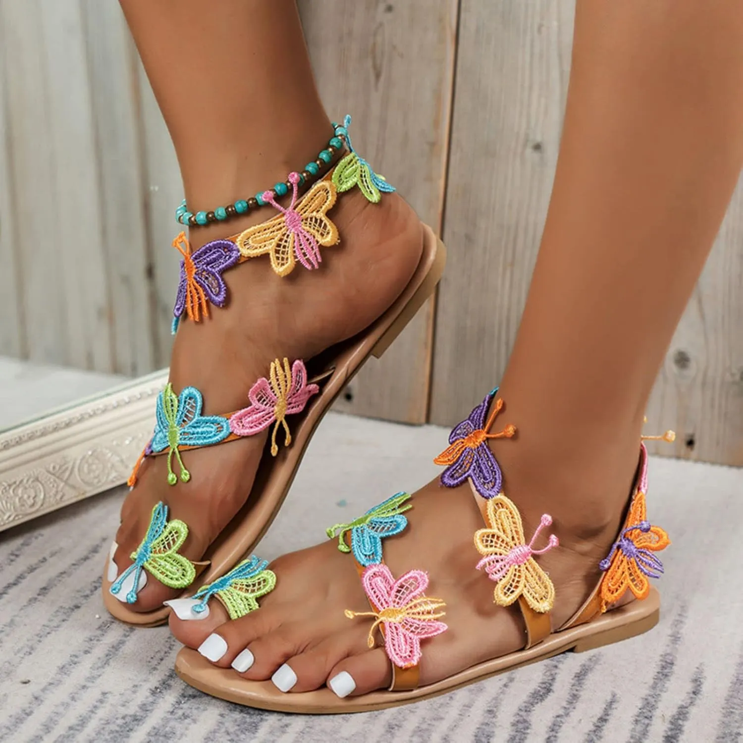 Women Sandals Summer Dressy Open Toe Slingback Slides Flip-Flops Wide Width Lightweight Flat Sandals Bohemian Butterfly Cute Bride Bridesmaid Beach Vacation Summer Shoes
