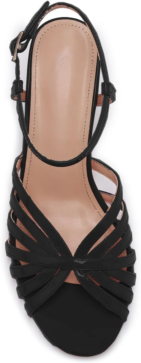 Women's Black and Gold Heels  Strappy Patent Leather Open Toe Sandals with Ankle Strap  Elegant High Heels for Party, Wedding, or Evening