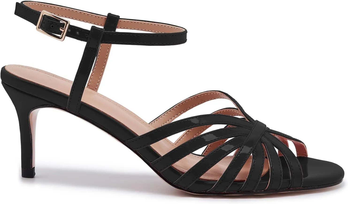 Women's Black and Gold Heels  Strappy Patent Leather Open Toe Sandals with Ankle Strap  Elegant High Heels for Party, Wedding, or Evening