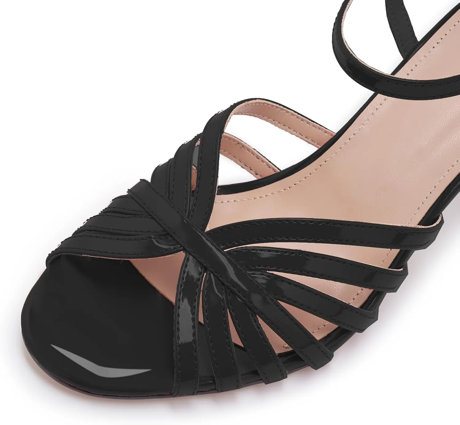Women's Black and Gold Heels  Strappy Patent Leather Open Toe Sandals with Ankle Strap  Elegant High Heels for Party, Wedding, or Evening