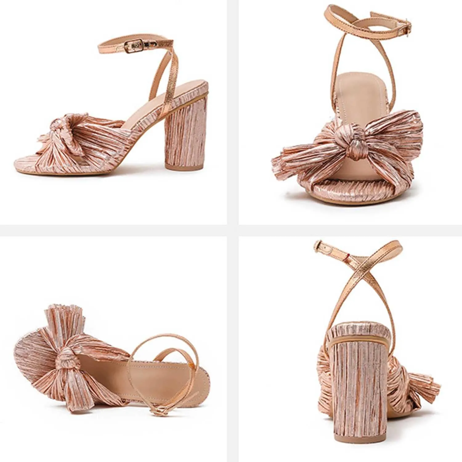 Women's Bow Knot Heeled Sandals Open Toe High Block Ankle Strap Chunky Heels Bride Sandals for Wedding Shoes