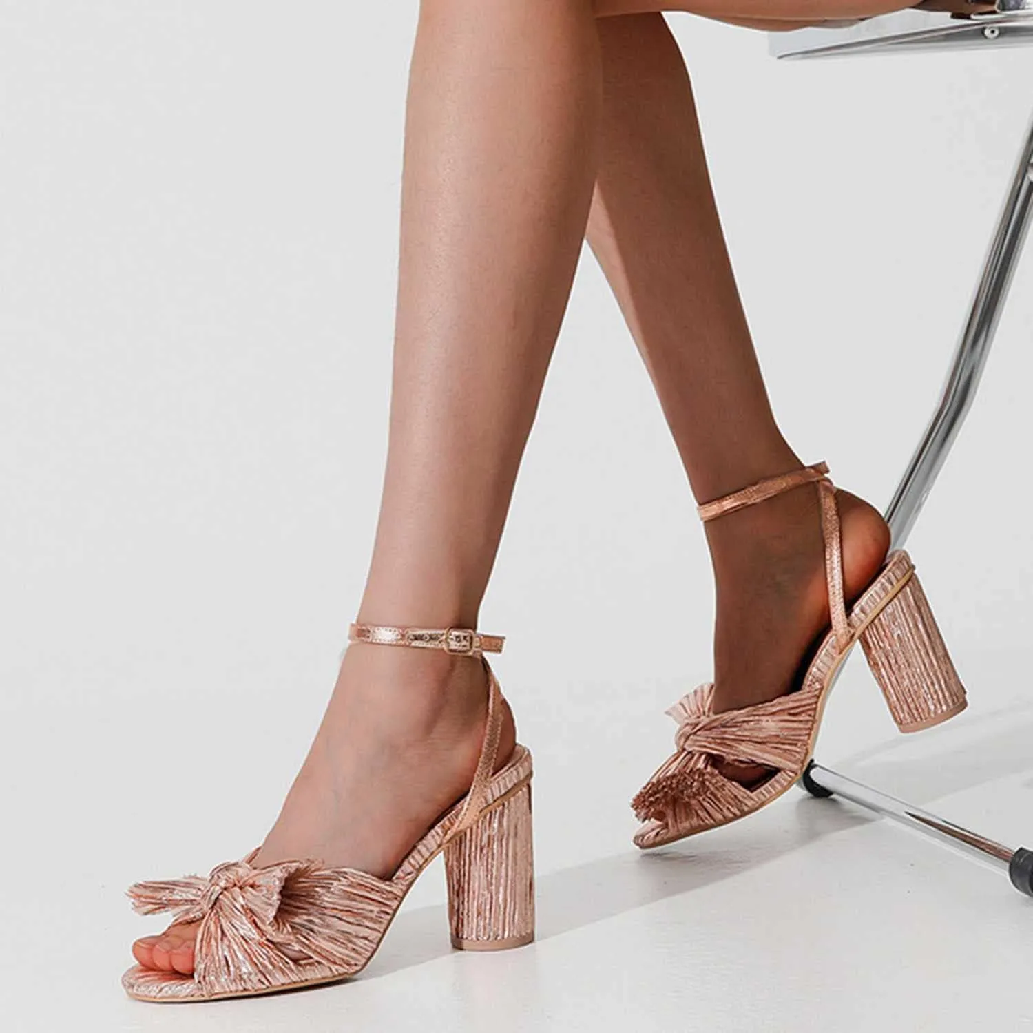 Women's Bow Knot Heeled Sandals Open Toe High Block Ankle Strap Chunky Heels Bride Sandals for Wedding Shoes