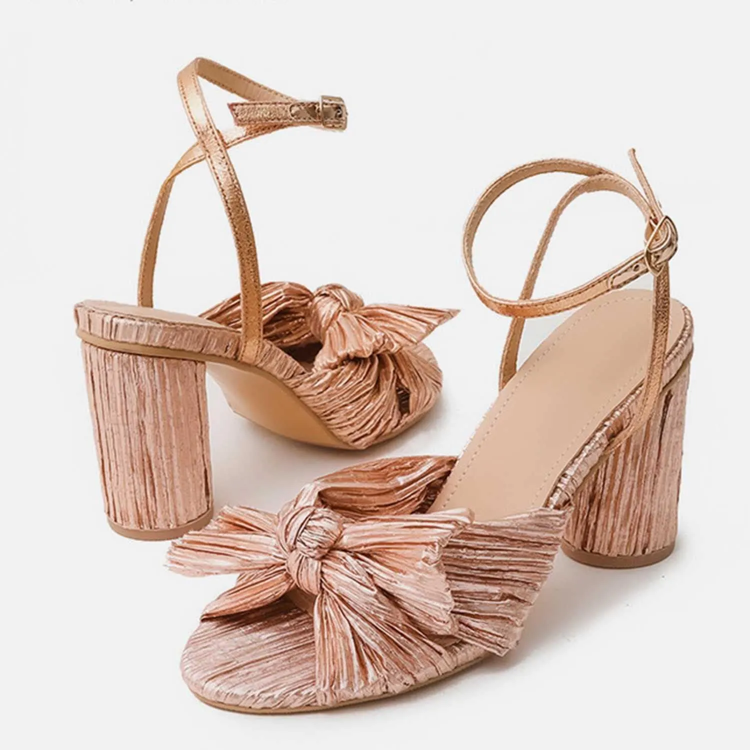 Women's Bow Knot Heeled Sandals Open Toe High Block Ankle Strap Chunky Heels Bride Sandals for Wedding Shoes