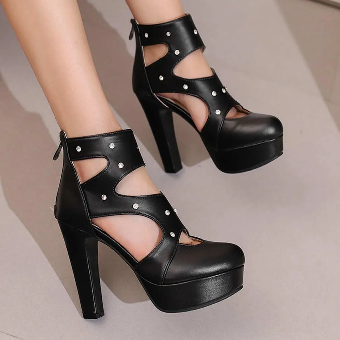 Women's Closed Rounded Toe Platform Stiletto High Heel Sandals Cutout Gladiator Heels with Rinestones