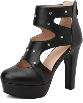 Women's Closed Rounded Toe Platform Stiletto High Heel Sandals Cutout Gladiator Heels with Rinestones