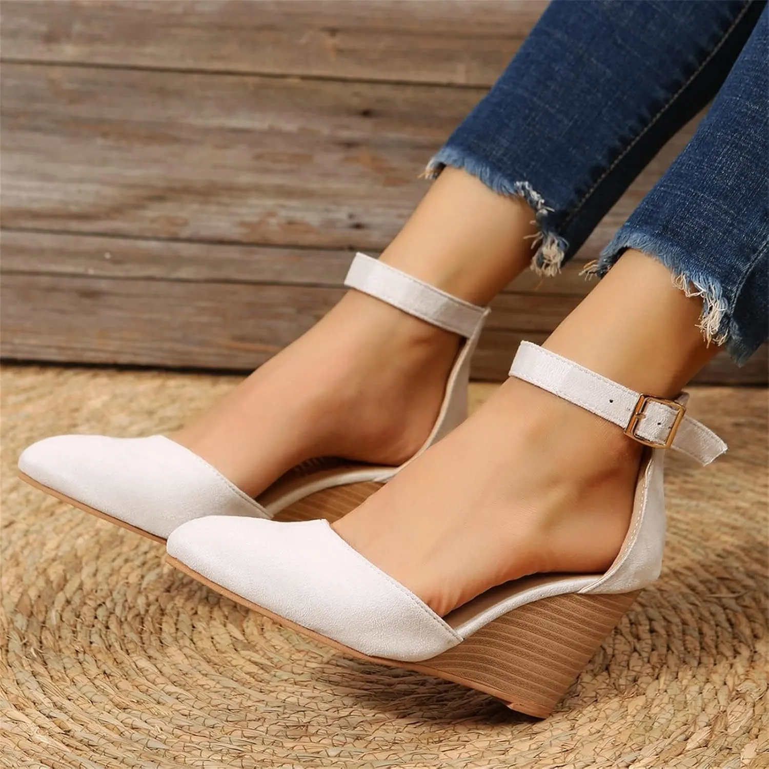 Womens Closed Toe Sandals Buckle Ankle Strap High Chunky Heels Sandals Closed Toe Espadrilles Wedge Shoes Platform