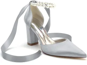 Women's High Chunky Closed Toe High Heels Block Heel Pearl Elegant Wedding Shoes Prom Evening Party Dress Pumps Shoes