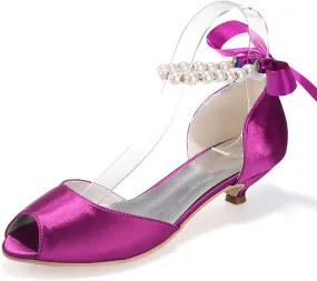 Women's Pearl White Wedding Shoes for Bride Low Heel Open Toe Satin Bridal Shoes Prom Party Dress Pumps Sandals