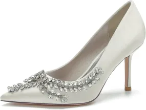 Womens Pointed Toe High Heels Dress Pumps for Evening Stiletto Heels Bridal Wedding Shoes,Ivory,5