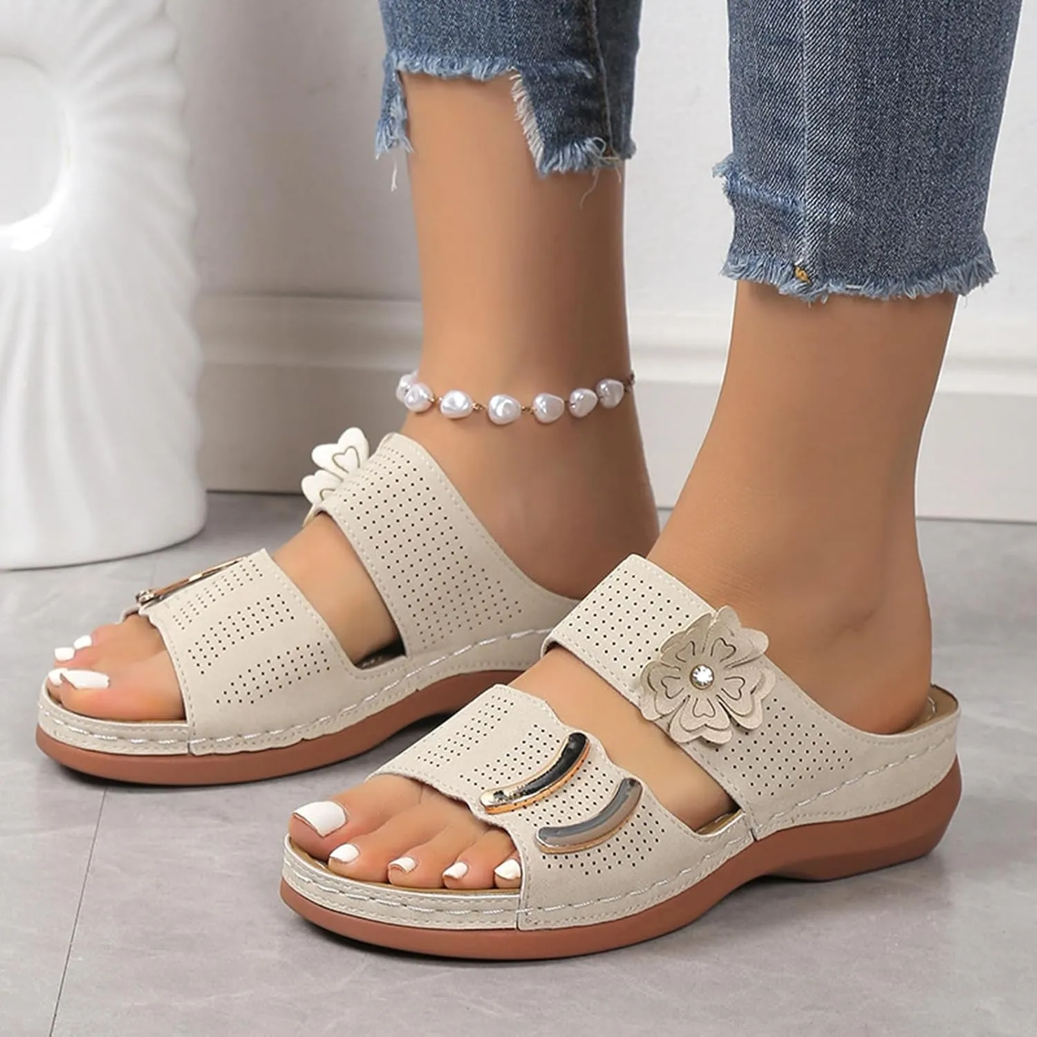 Womens Sandals Summer Dressy Comfortable Bohemia Rhinestone Wedge Sandals for Women Slide Slip On Beach Sandals