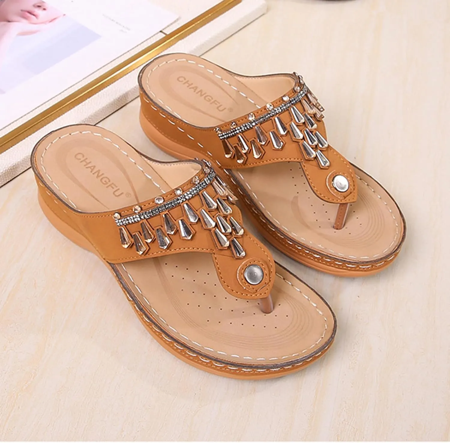 Womens Wedge Sandals Dressy Summer Comfortable Flip Flops with Arch Support Flower Hollow Thong Clip Toe Platform Sandals Shoes Lightweight Rhinestone Cushion Ladies Beach Shoes Slipper 2025