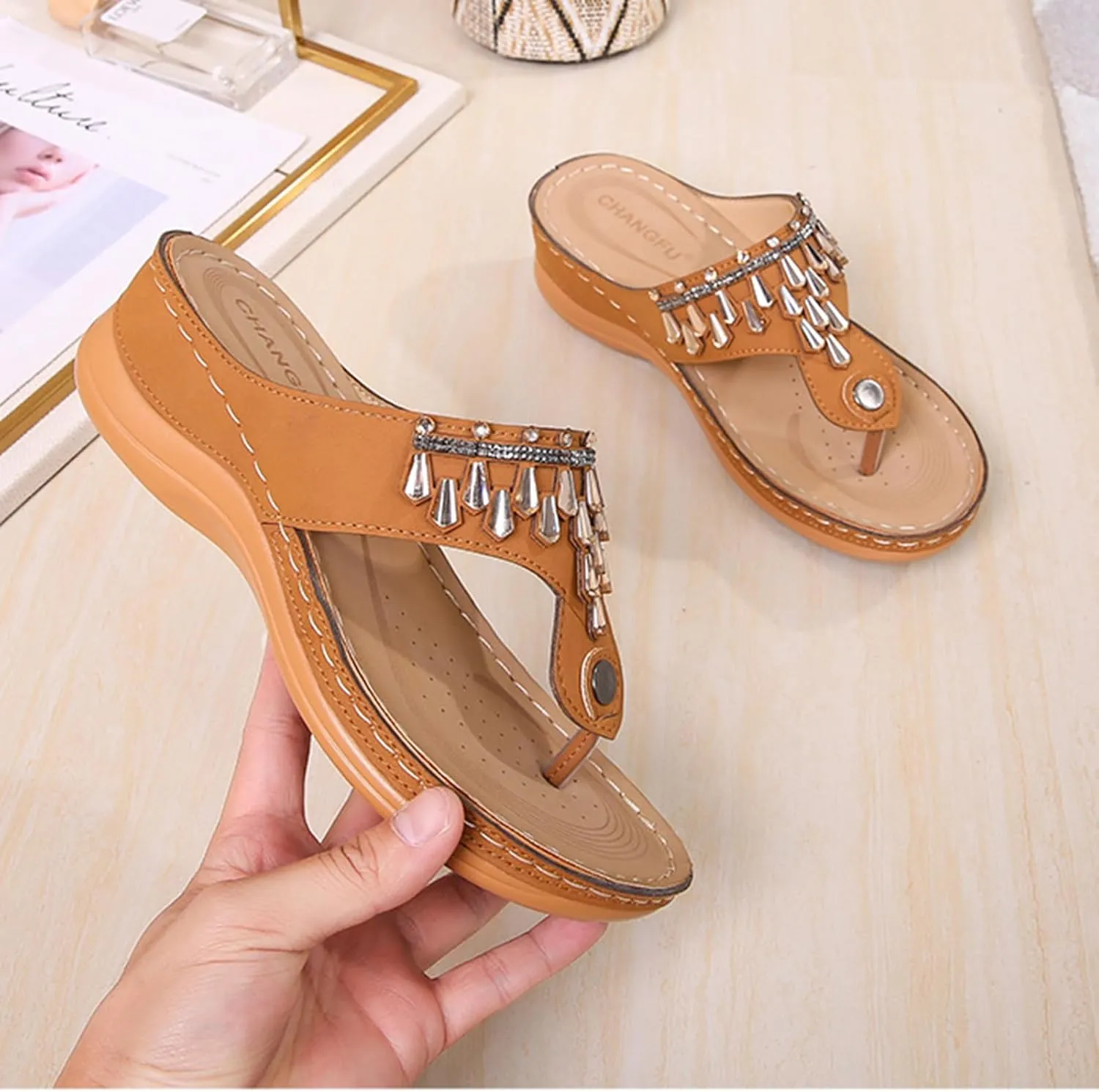 Womens Wedge Sandals Dressy Summer Comfortable Flip Flops with Arch Support Flower Hollow Thong Clip Toe Platform Sandals Shoes Lightweight Rhinestone Cushion Ladies Beach Shoes Slipper 2025