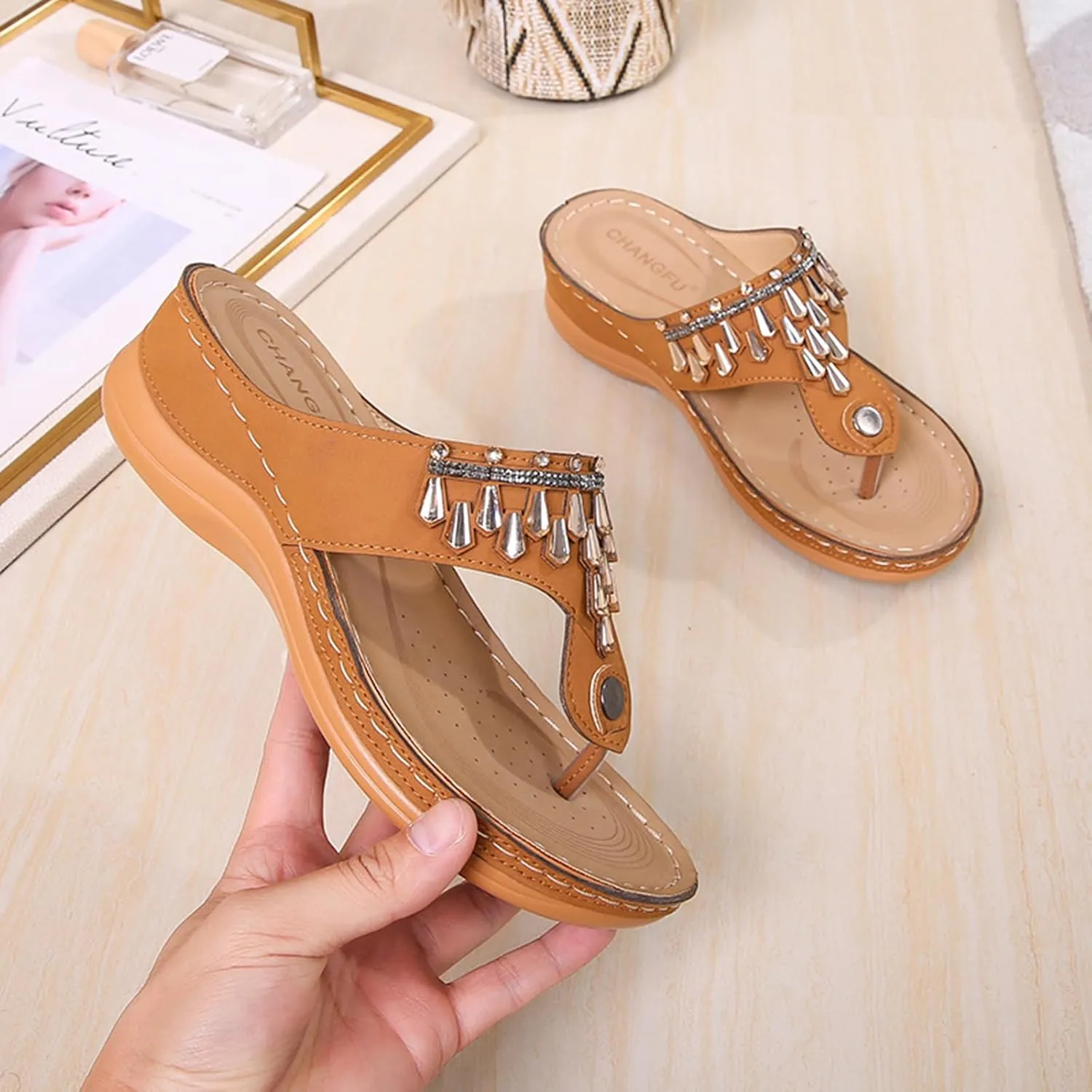 Womens Wedge Sandals Dressy Summer Comfortable Flip Flops with Arch Support Flower Hollow Thong Clip Toe Platform Sandals Shoes Lightweight Rhinestone Cushion Ladies Beach Shoes Slipper 2025