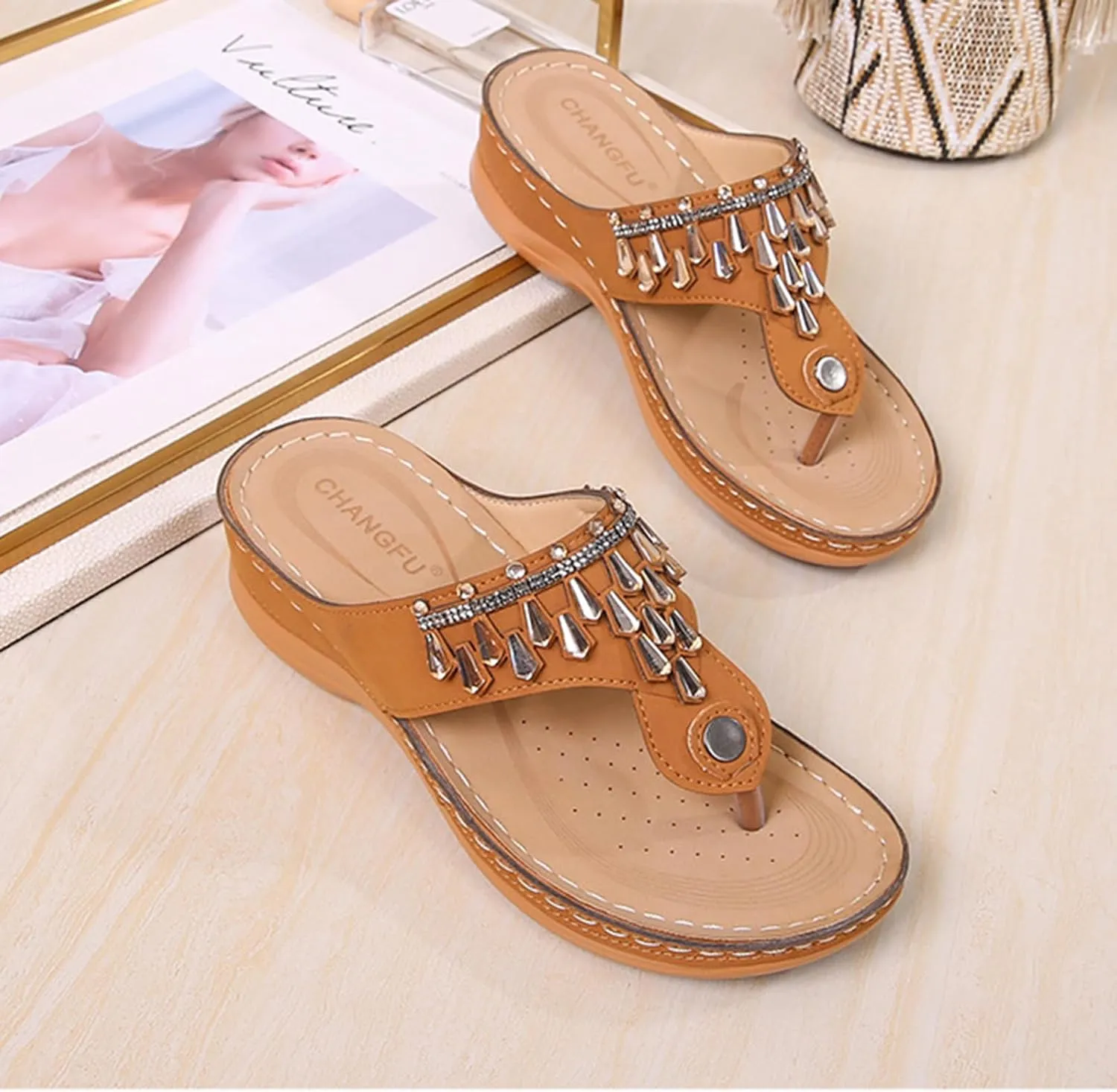 Womens Wedge Sandals Dressy Summer Comfortable Flip Flops with Arch Support Flower Hollow Thong Clip Toe Platform Sandals Shoes Lightweight Rhinestone Cushion Ladies Beach Shoes Slipper 2025